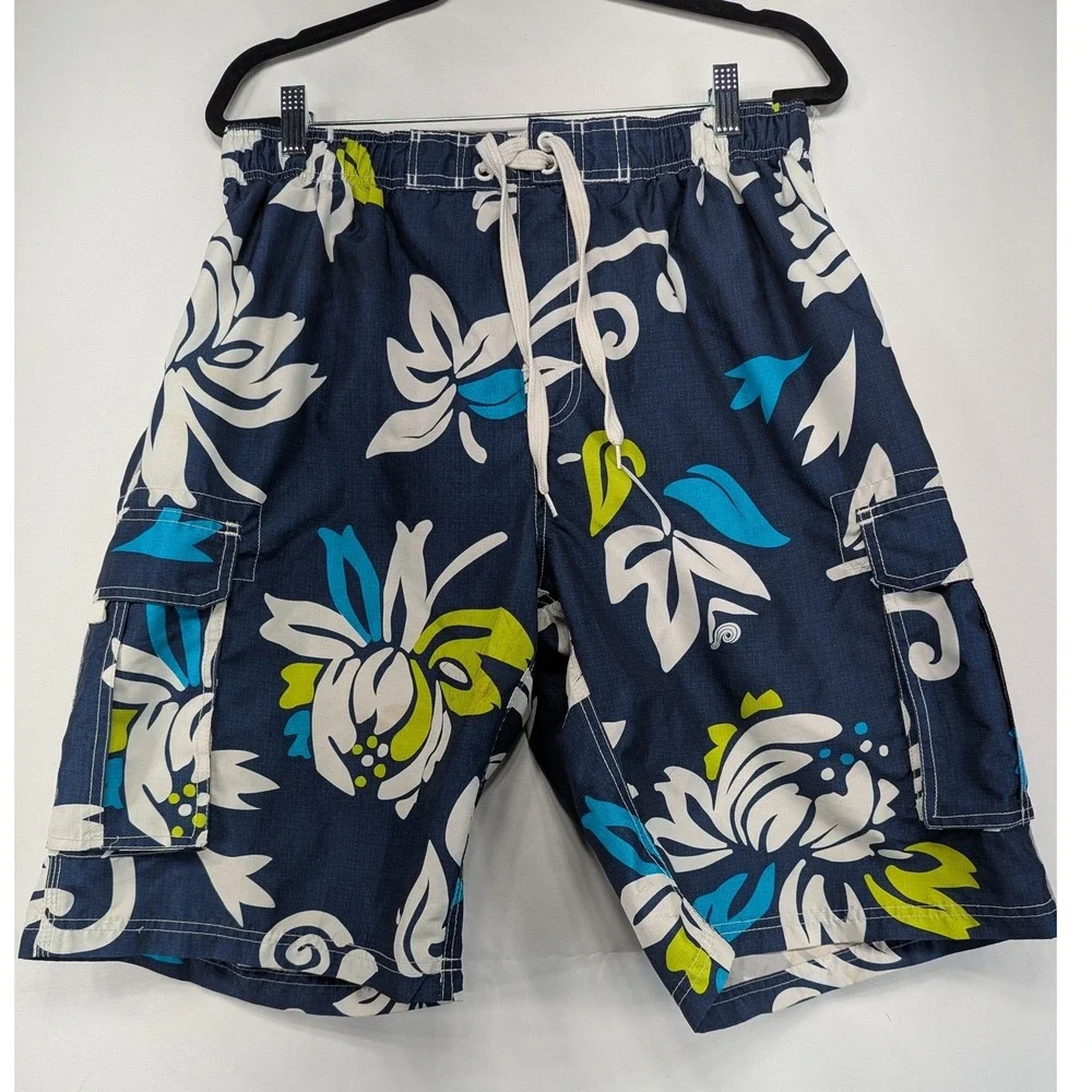 Kanu Surf Mens Swim‎ Trunks Board Shorts Navy Floral Print Cargo Pockets Size L